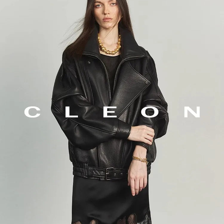 Lautaro Autumn Brown Oversized Pu Leather Moto & Biker Jacket Women Long Sleeve Zippper High Quality American Retro Clothing