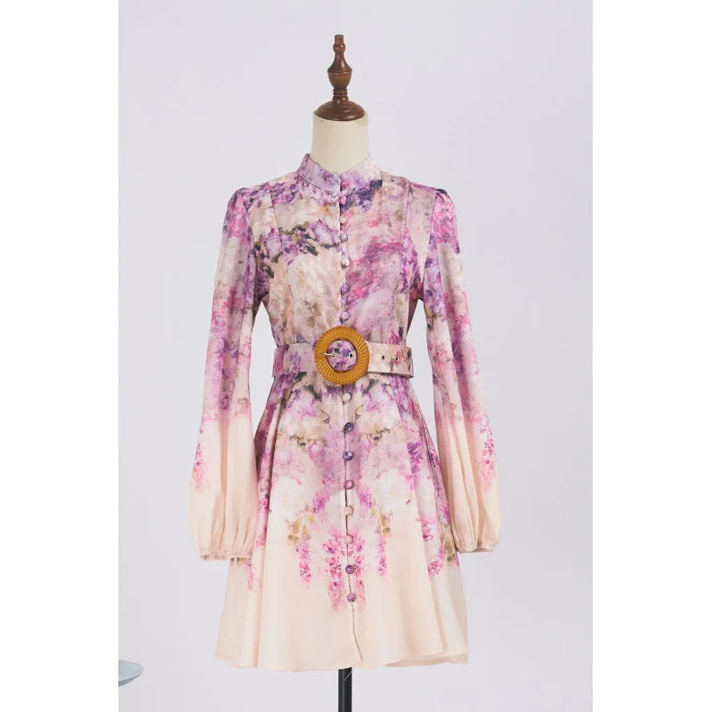 Real Shot Spot Niche Style Sleeve Single-Breasted Positioning Printing Women's Belt Pocket Short Skirt Large Swing Skirt