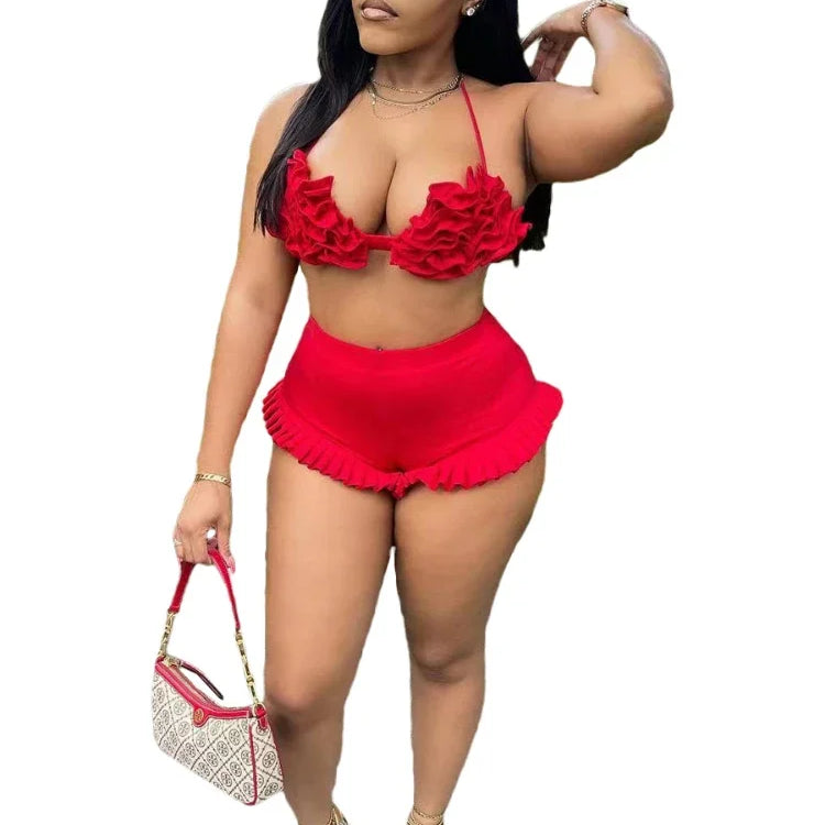 Women's Set Ruffles Crop Top Bra and Shorts Bikini Set Streetwear Casual Two 2 Piece Outfits Summer 2024 Beach Holiday