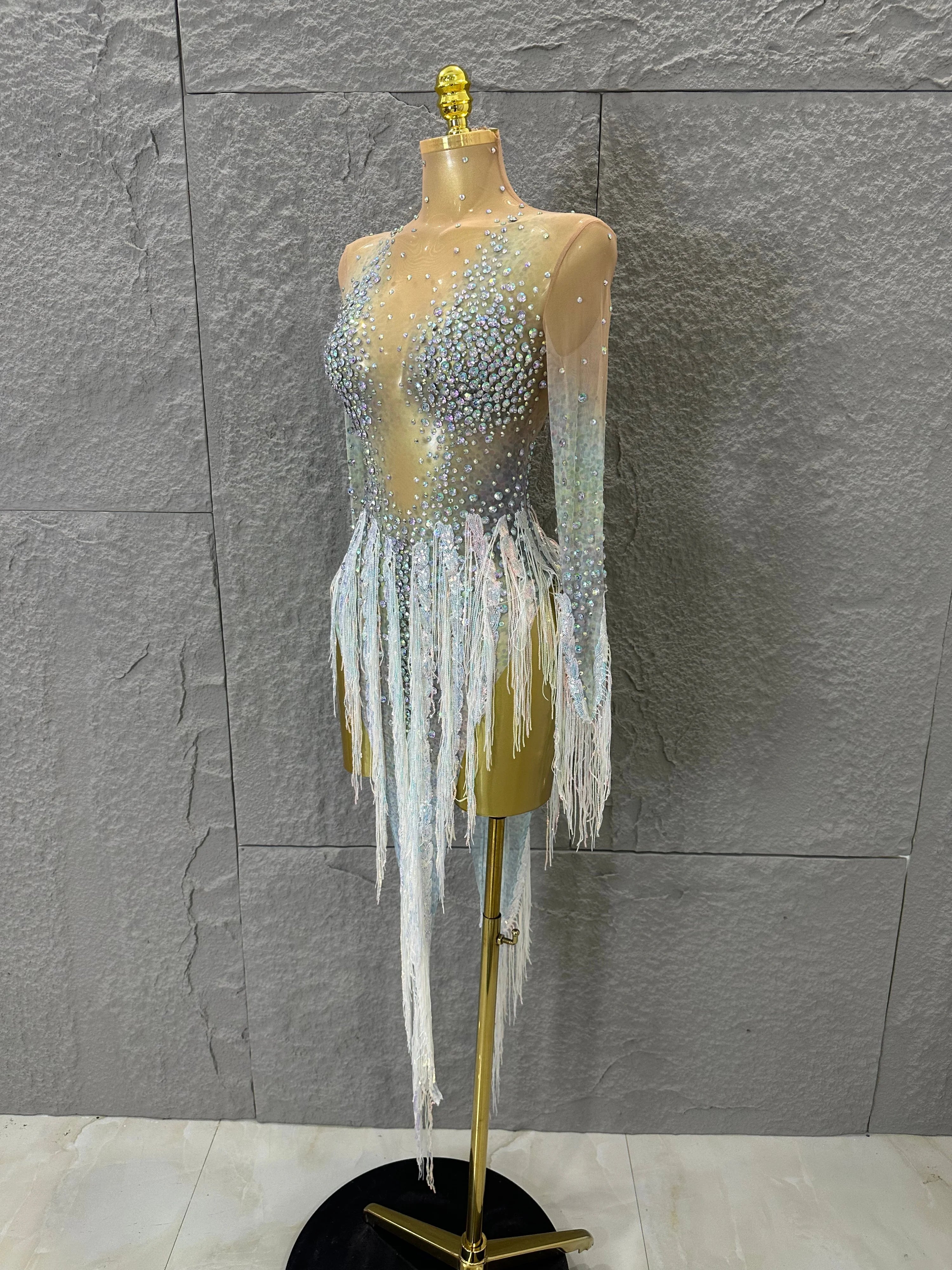 Opulent Nude Long Sleeve Dress Women Sheer Mesh Iridescent Rhinestone Fringe Embellished Latin Dance Performance Costume