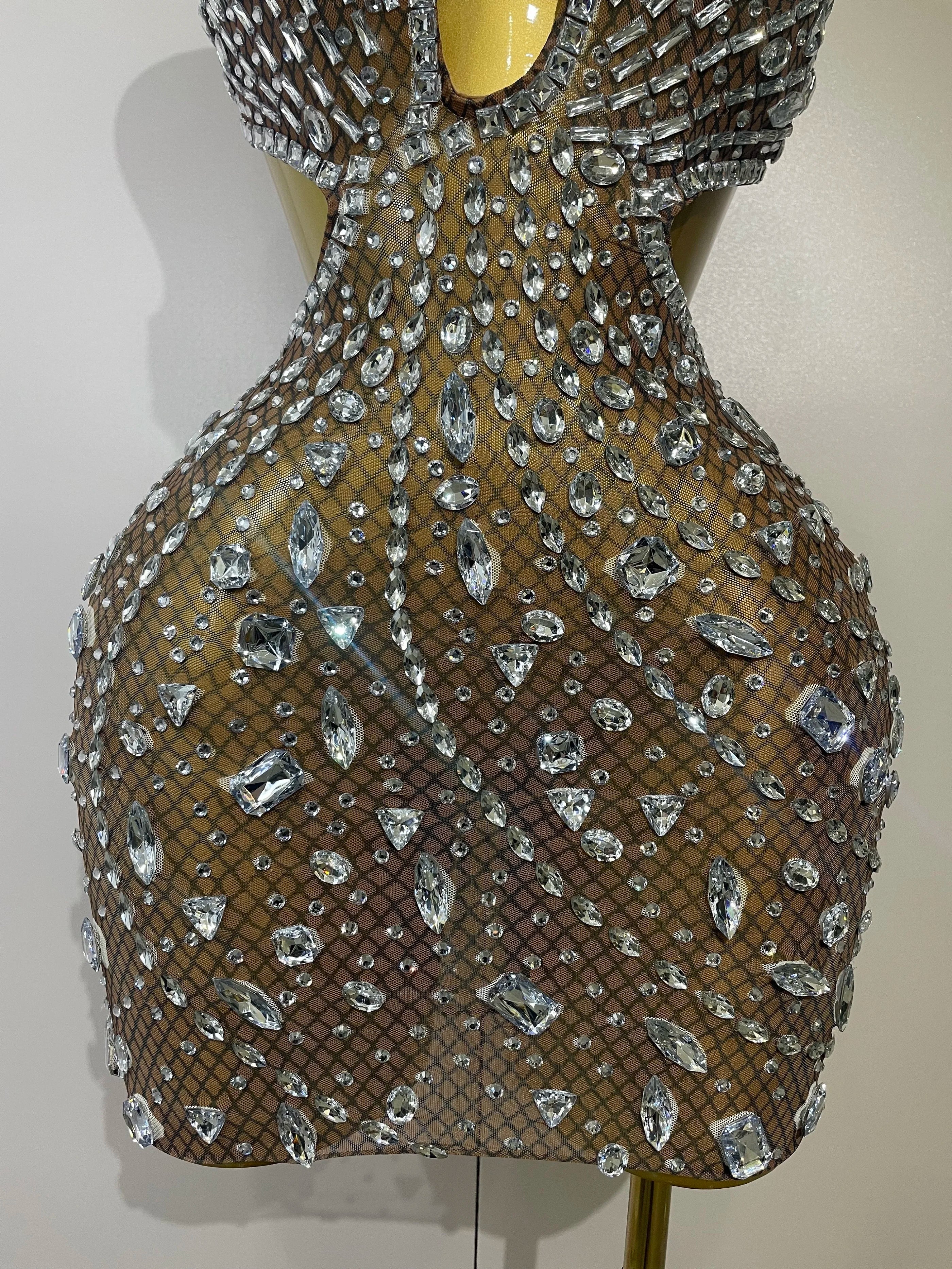 Stock Women Sparkly Big Crystal Sexy Off the Shoulder Mesh See Through Mini Dress Nightclub Party Celebrate Birthday Dress