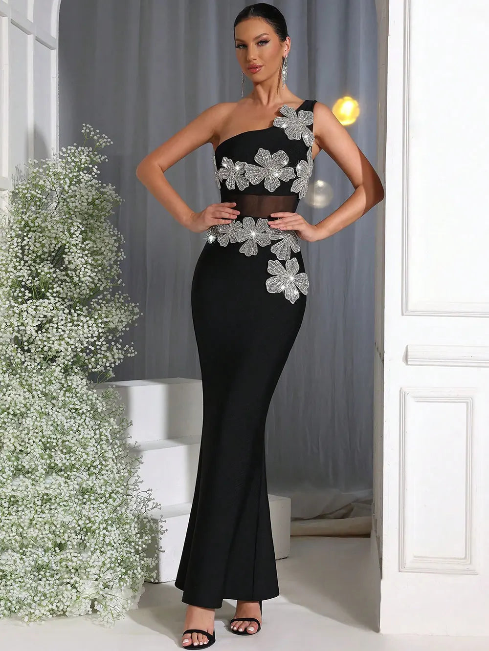 2025 Sexy Women's Light Luxury Flower Set Diamond Design Bandage Dress One Shoulder Sleeveless Bodycon Patchwork Long Dresses