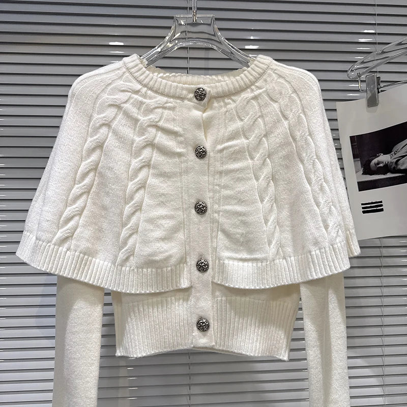 Winter New Elegant Sweet Twist Shawl Fake Two-Piece Knitted Sweater For Women Solid Color Versatile Tops 11A07507