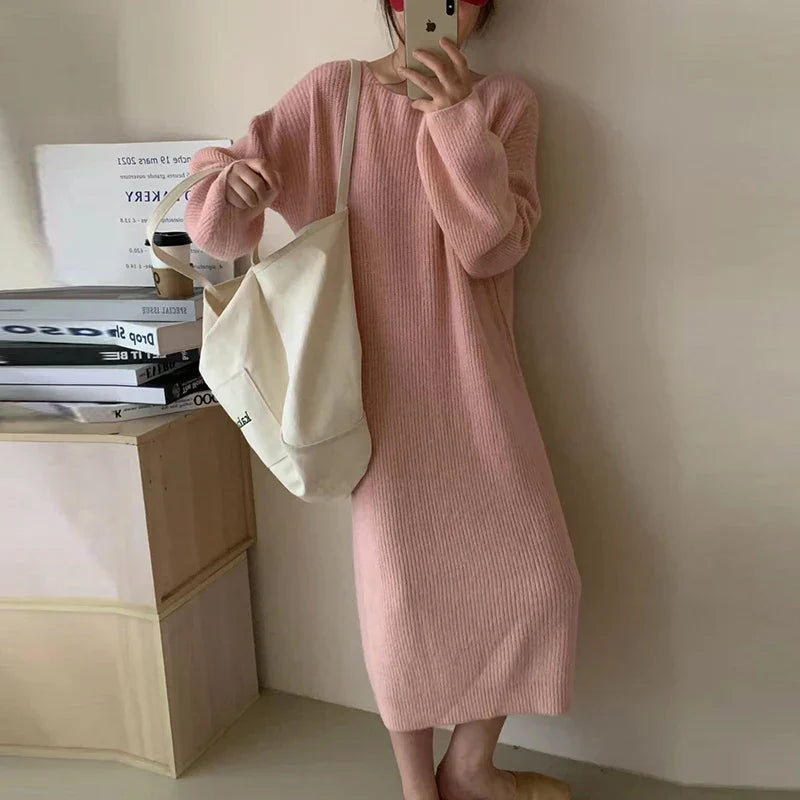 Winter Casual Long Knitted Sweater Dress Elegant New Solid Crew-neck Furry Pullover Dress Women Long Sleeve Party Dress