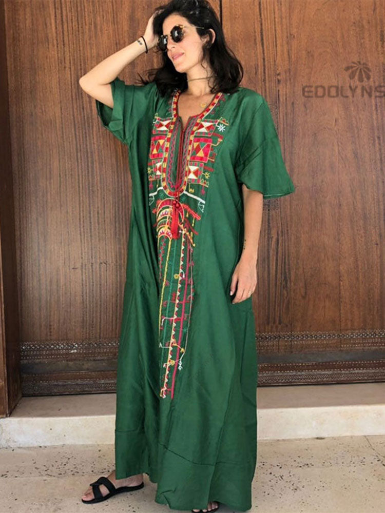 Vintage Embroidery Kaftan Sexy V-neck Batwing Sleeve High Waist Maxi Dress Tunic Women Clothing Summer Beach Dresses Q660 Q1235-Green One Size