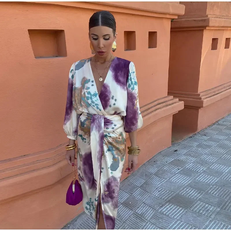 Women Skirt Fashion Stain Print Skirt Set Chic Cross V Neck Long Sleeves Shirt Slit Midi Skirts Suit Lady Fashion Outfits