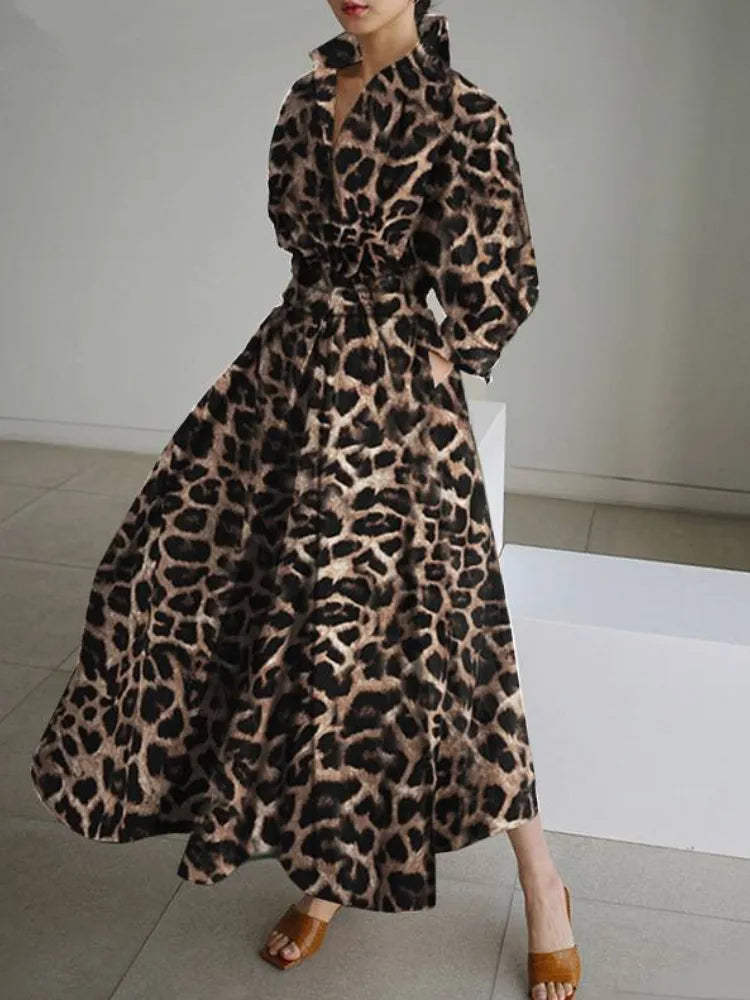 S-5XL Korean Fashion Long Sleeve Shirt Dress Chic Turndown Neck Ruched Maxi Dress Women 2022 Autumn Winter Clothes Streetwear Coffee Leopard