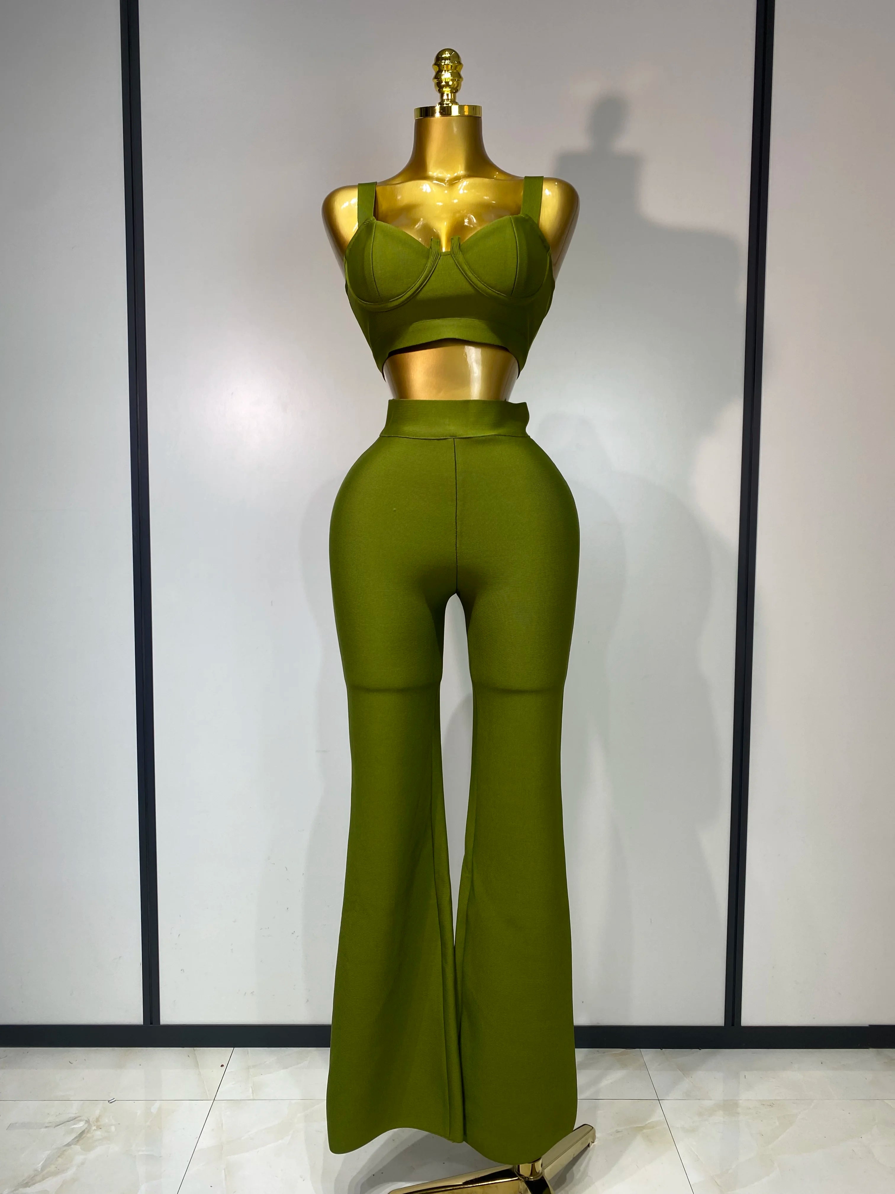 Women Sexy Bandage Crop Top Pant Set Evening Party Club Luxury Birthday High Street Fashion Elegant Luxury Birthday Outfit  army green