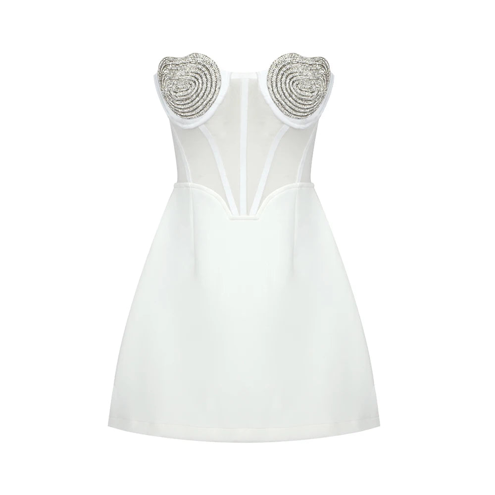 Elegant And Pretty Women'S Dresses For Wedding Sweet Heart Shape Crystal Design Strapless A-Line Mini Dress Summer 2023 WHITE