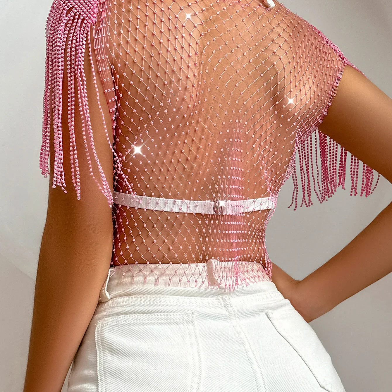 Women's Sexy V-neck Rhinestone Short Crop Top Blink Crystal Tassel Fringe Shoulder Decor Diamond Fishnet Shirt