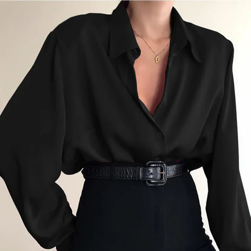 Women Button Blouses Turn Down Collar Shirts Office Lady Long Sleeve Casual Blouse Loose OL Shirt Baggy Tops Red/Wine Red /Black black