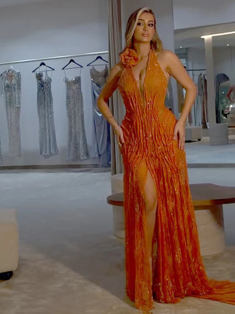 Orange Sequins Halter Long Dress For Women Backless Structured Flower Details Maxi Elegant Evening Party Gown Vestido