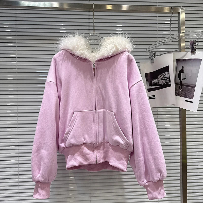 Winter New Sweet Furry Lined Hooded Sweatshirt For Women Elastic Waist Heart Pattern Fleece Long Casual Pants 11A07893 only Sweatshirt