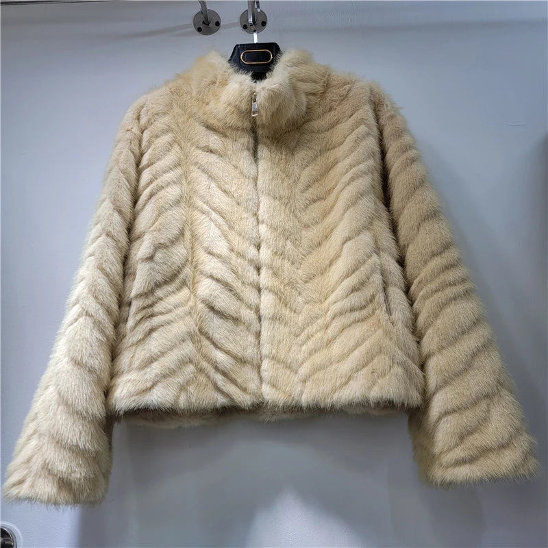 Winter Fashion New Style Elegant Stand Collar Mink Fur Short Coat For Women High-end Soft Faux Fur Jacket 11A07794 Light Yellow One Size