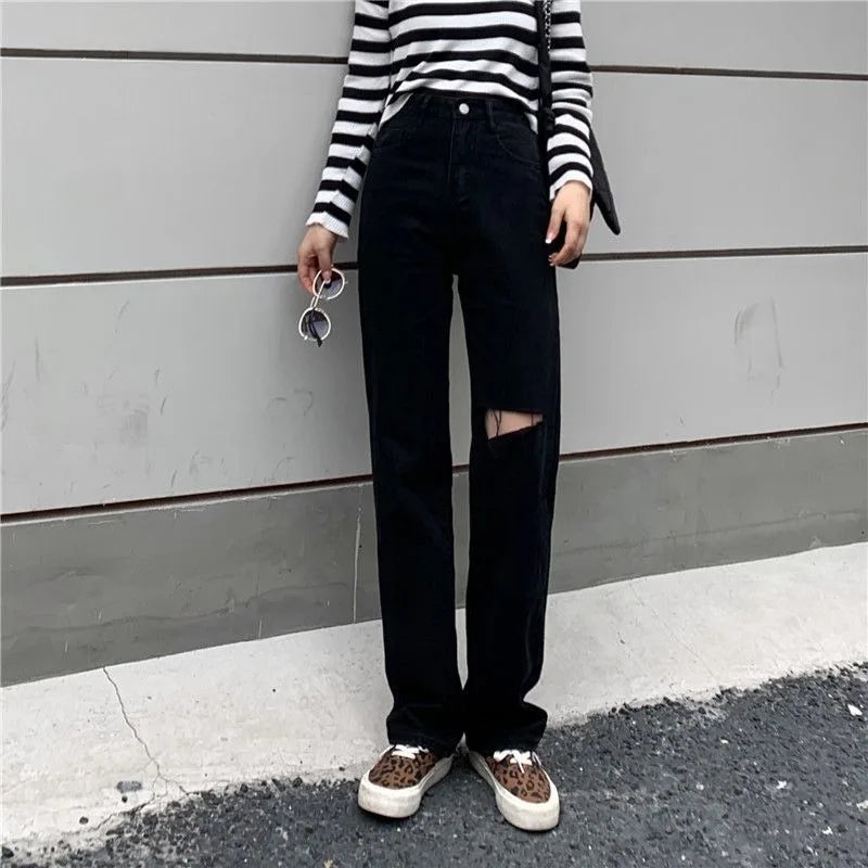 Trendy High Waisted Ripped Jeans for Women, Black Denim Pants with Unique Hole Washed Vibe Gothic Style Baggy Rip Jeans Woman