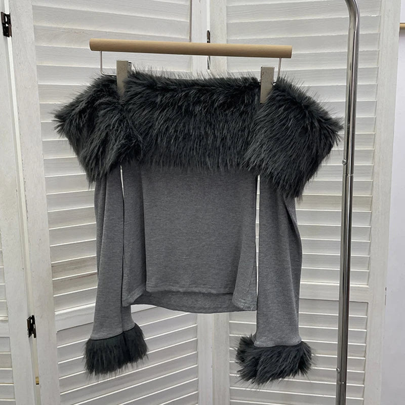 Spring New Fashion Off-Shoulder Furry Patchwork Long Sleeve Base Shirt For Women Slim Fit Decorative T-Shirt 11A07919