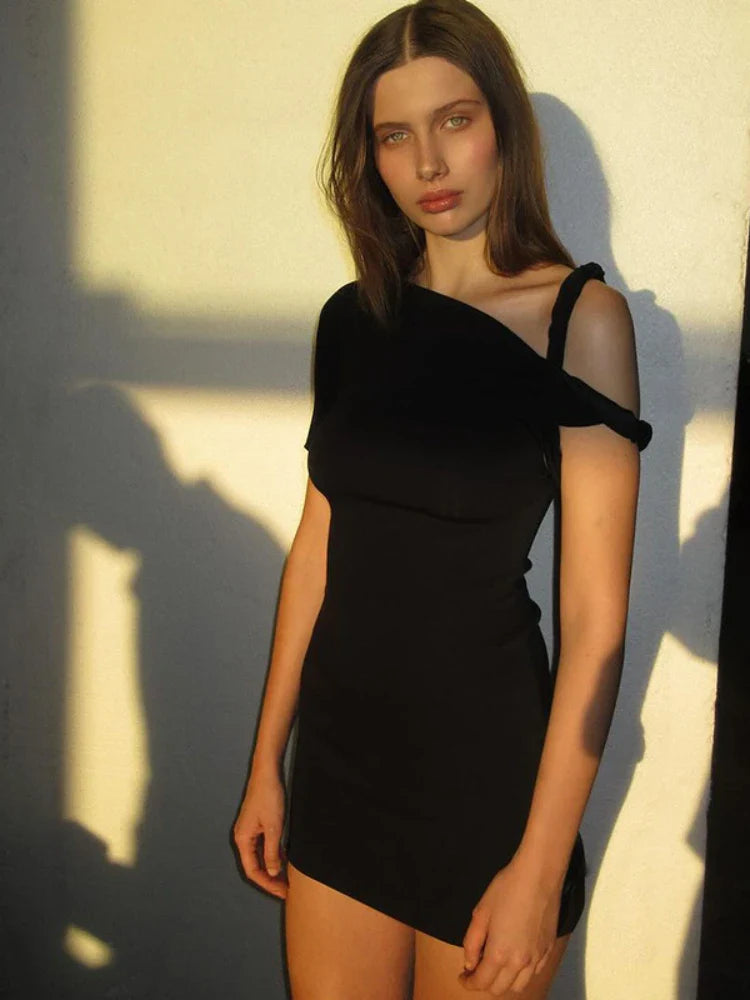 BOOFEENAA Asymmetrical Twist One Shoulder Mini Dress Kylie Jenner Outfits Womens Summer Dresses Fashion Clothing C96-AG19 black
