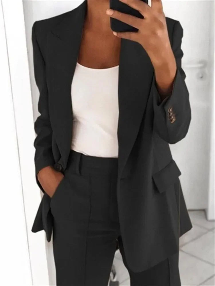 S-5XL Women's Blazer Casual Long-sleeved Top Solid Color Suit Collar Button Simple Temperament Commuter Plus Size Blazer black TOP
