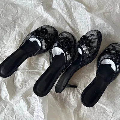 2025 Summer Spring Women Slippers for Woman Mesh Flower High Heeled Shoes Sexy Ladies Slip-On Non-Slip Round Toe Wedding Sandals black