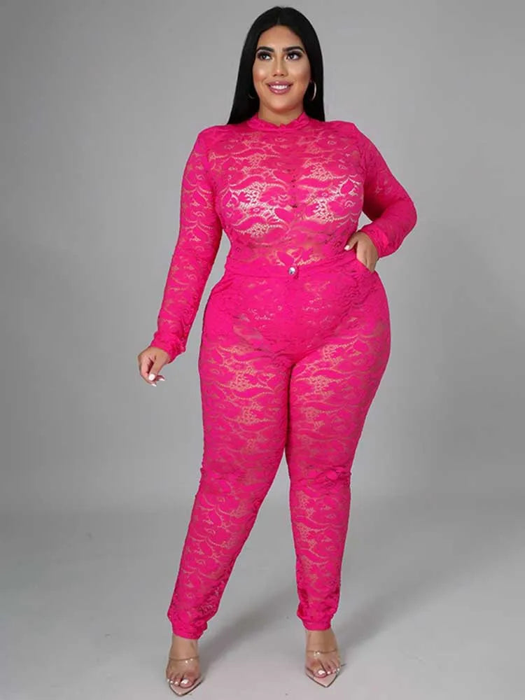 Chic and Elegant Woman Set Night Club Wear Plus Size Women Hot Outfit Transparent Lace Bodysuit and Pants Sexy Festival Outfit Fuchsia