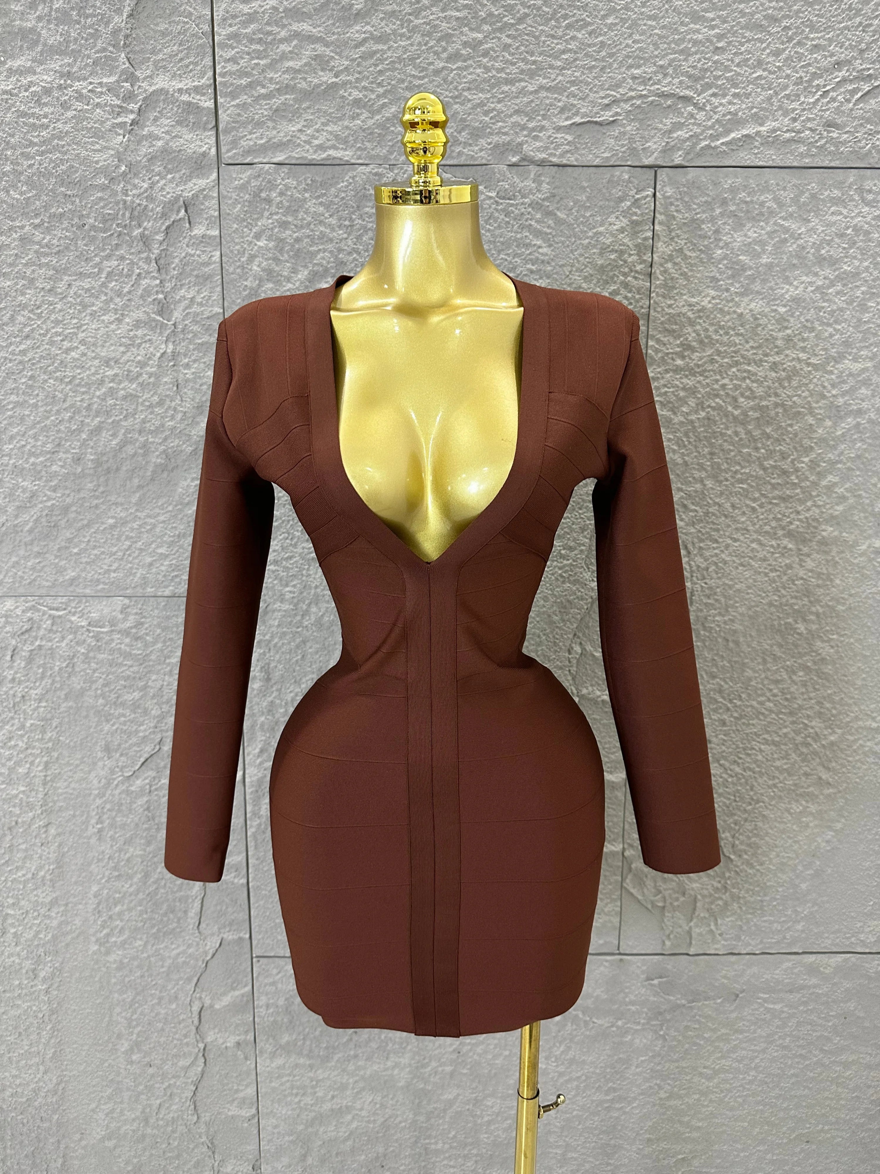 Women Elegant Brown Long Sleeve Mini Dress Women Sexy Deep V Neck Bandage Nightclub Evening Party Cocktail Party Dress Dark Brown