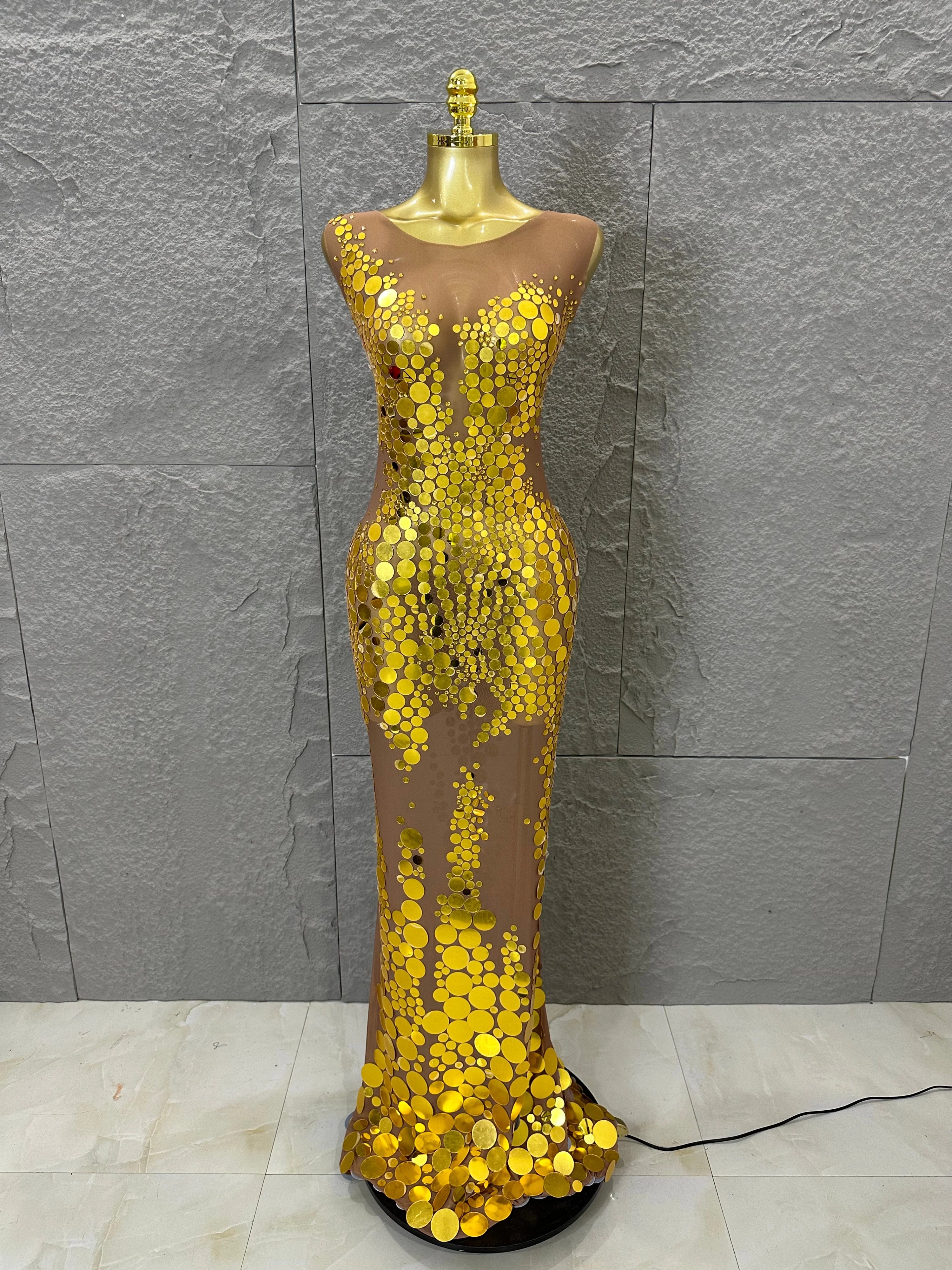 Opulent Nude Sleeveless Women Gold Sequin Dot Embellished Bodycon Stage Performance Costume Formal Event Party Costume