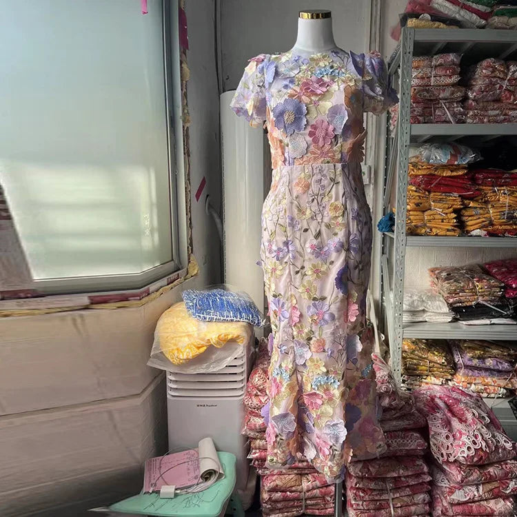 JAMERARY Runway Spring/Summer New Mesh 3D Flower Embroidery Perspective Evening Prom Dress Women Holiday Robe Vestido Party rou purpleshortsle