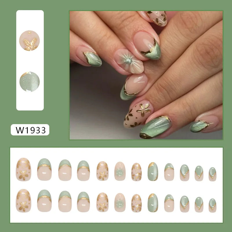 24pcs Y2k Love False Nails Sweet Cool Blue Blush Butterfly Print Fake Nails Tips Wearable Detachable Almond Press on Nails 4