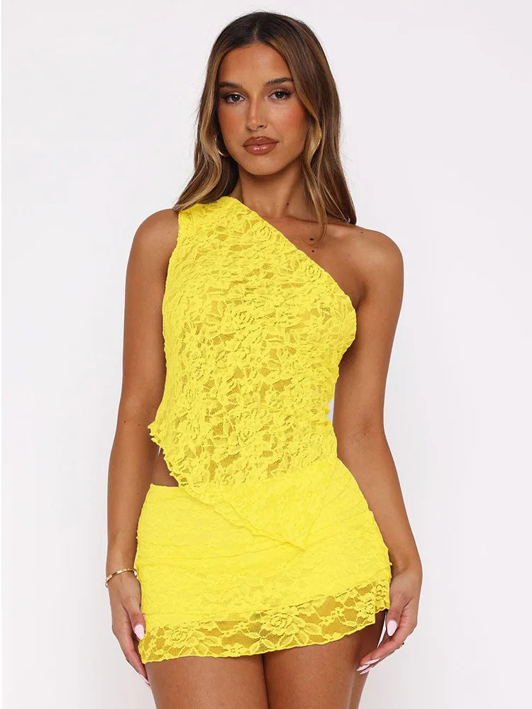 Sexy Slim Fit Women's Two-piece Set Patchwork Irregular Lace Top And Fashion Short Skirt Two-piece Set Ladies Outfits
