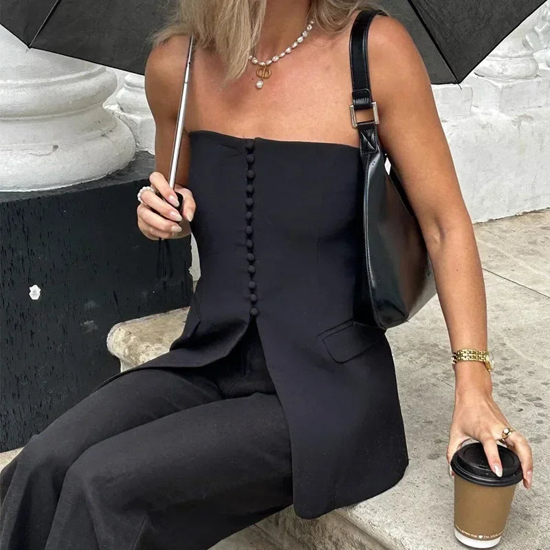Women Strapless Split Tube Tops Sexy Corset Slim Backless Sleeveless Off Shoulder Single Breasted Vest Female Lady Top Black