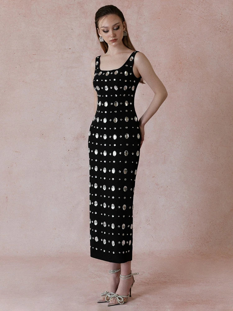 Women'S Black Sexy Sleeveless Square Neck Luxurious Crystal Bandage Maxi Long Dress Elegant Party Cocktail Evening Dress