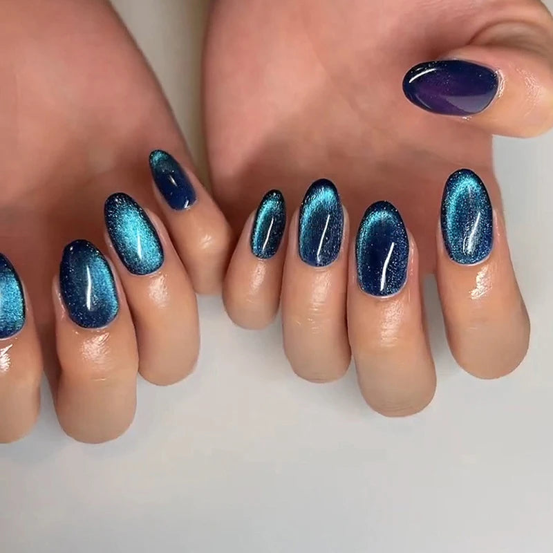 24pcs/set cat eyes fake nails for women girls red brown green blue grey sparkling short tips faux ongles press on false nail JP2659