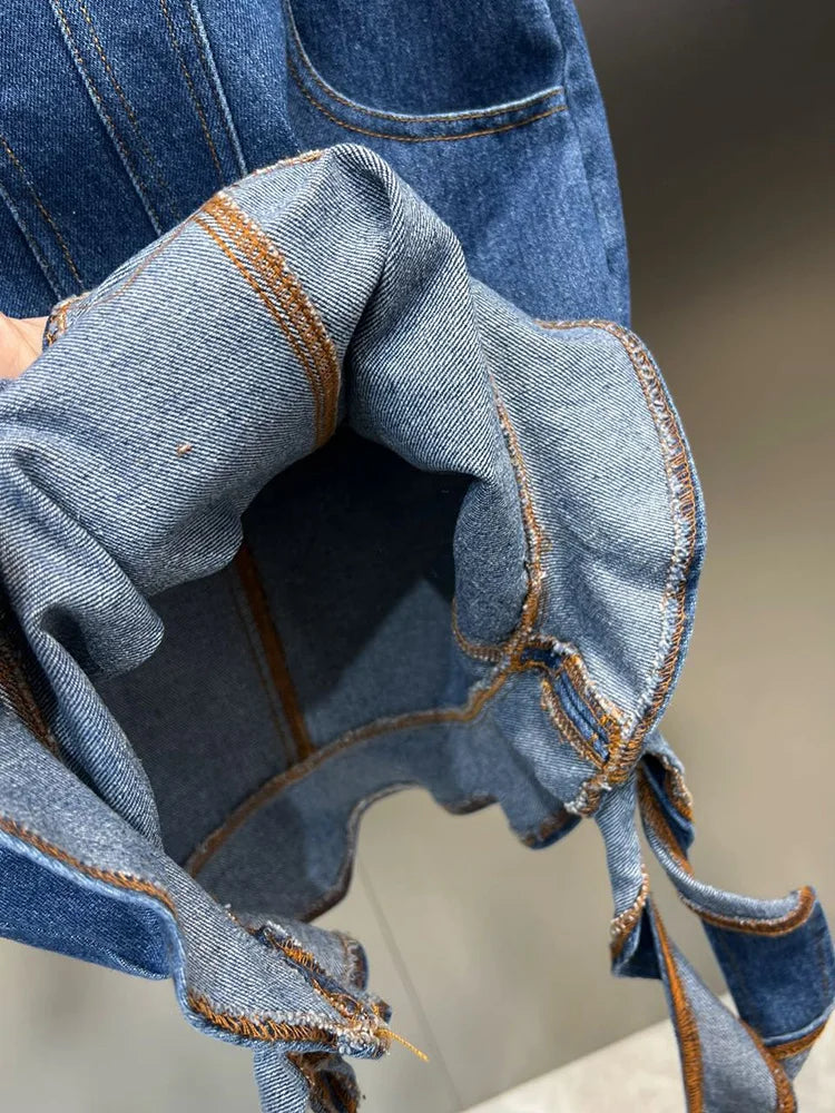 DEAT Line Up Waist Pocket Spiral Decoration Trendy Denim Dresses For Women Strapless Back Zipper Dress Spring 11XX3821