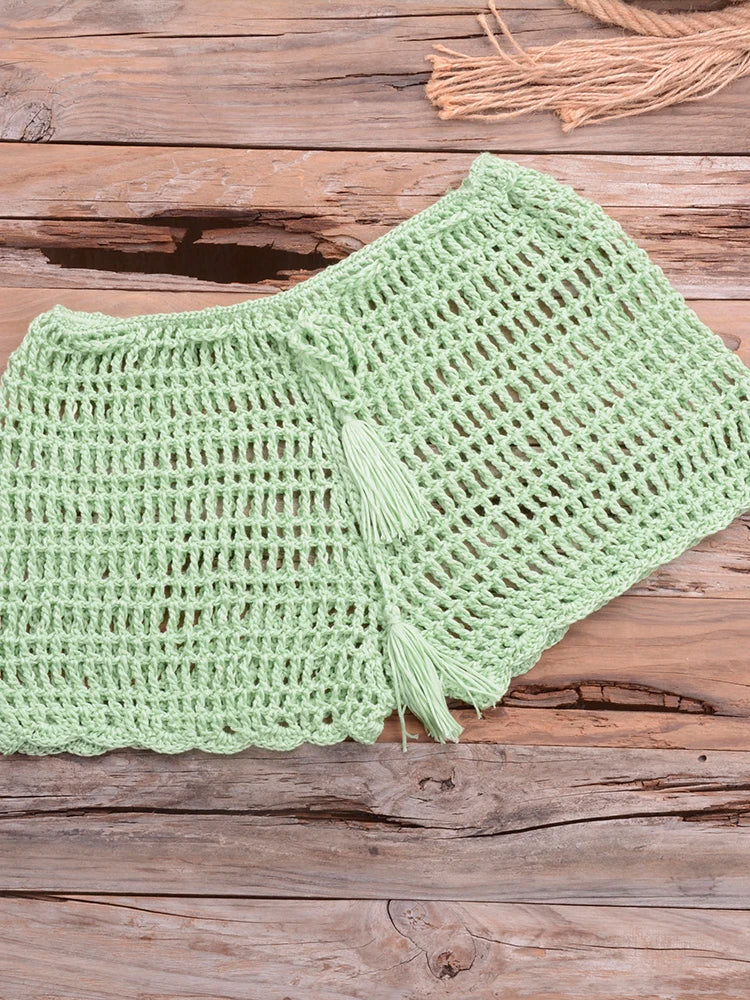 Crochet Hollow Out Tassel Beach Cover Up Sexy Women Mini Tops Beachwear Bikini Swimwear Bathing Suit Cover Up Grass Green Bottom One Size