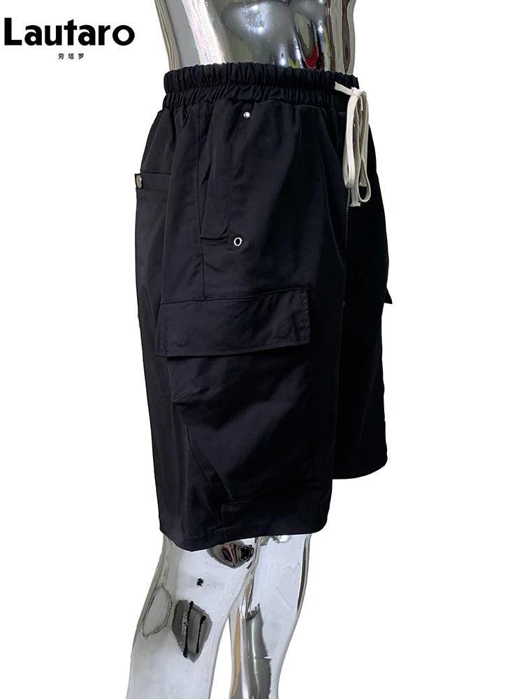 Lautaro Summer Autumn Black Cargo Shorts for Men High Elastic Waist Drawstring Pockets Loose Casual Short Straight Pants Clothes