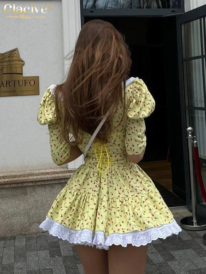 Clacive Summer Slim Print Women'S Dress Bodycon Doll Collar Short Sleeve Mini Dresses Elegant Lace Patchwork Female Dress