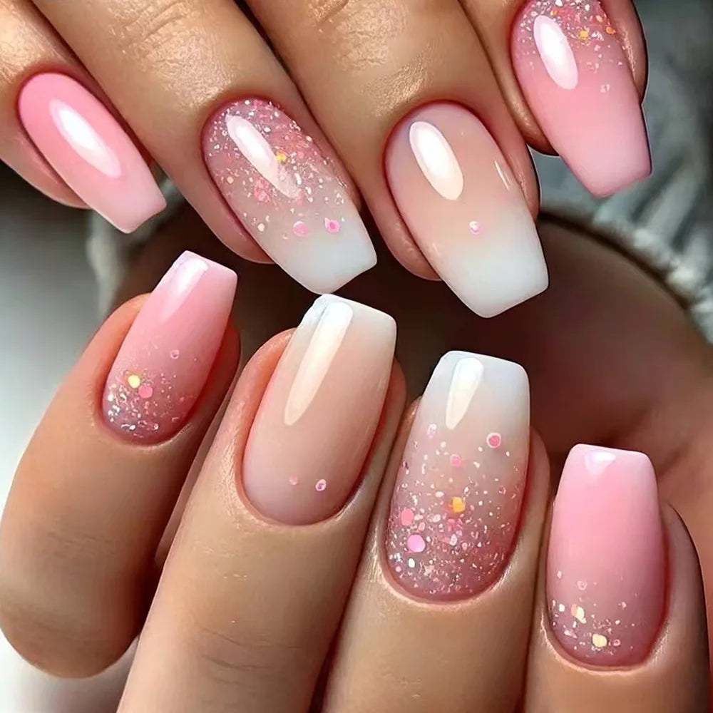 24Pcs Glitter French Fake Nails with Broken Diamond Colorful Aurora Sequin Press on False Nails Tips Wearable Ballet Manicure 1933