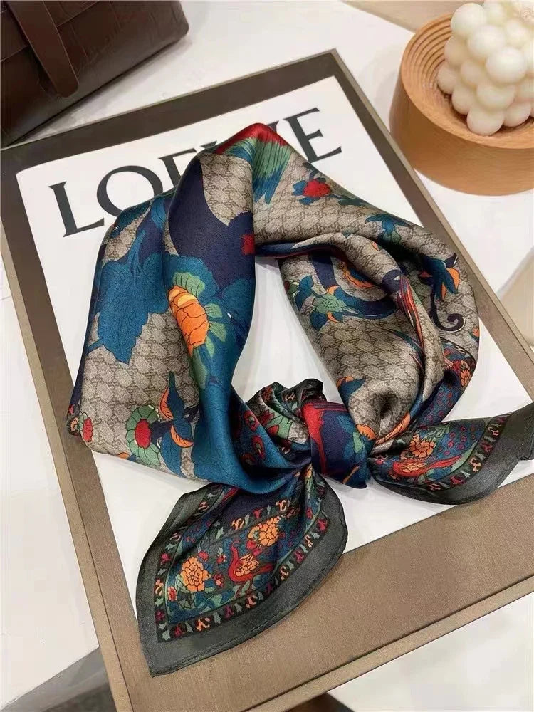BYSIFA| New Grey Blue Silk Scarf Fashion Floral Design 70cm Square Scarves Fall Winter Neck Scarf Hijab Sweet Headband 65*65cm grey blue