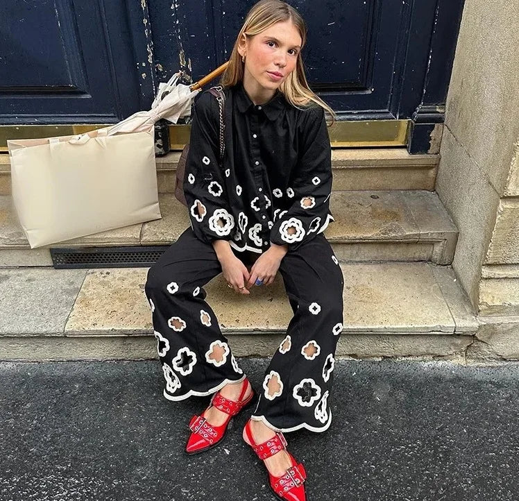 Spring Autumn Fashion Women Flower Hollow Out embroidery Pants Set Retro Lapel Long Lantern Sleeve Shirt Suit Streetwear flower embroidery