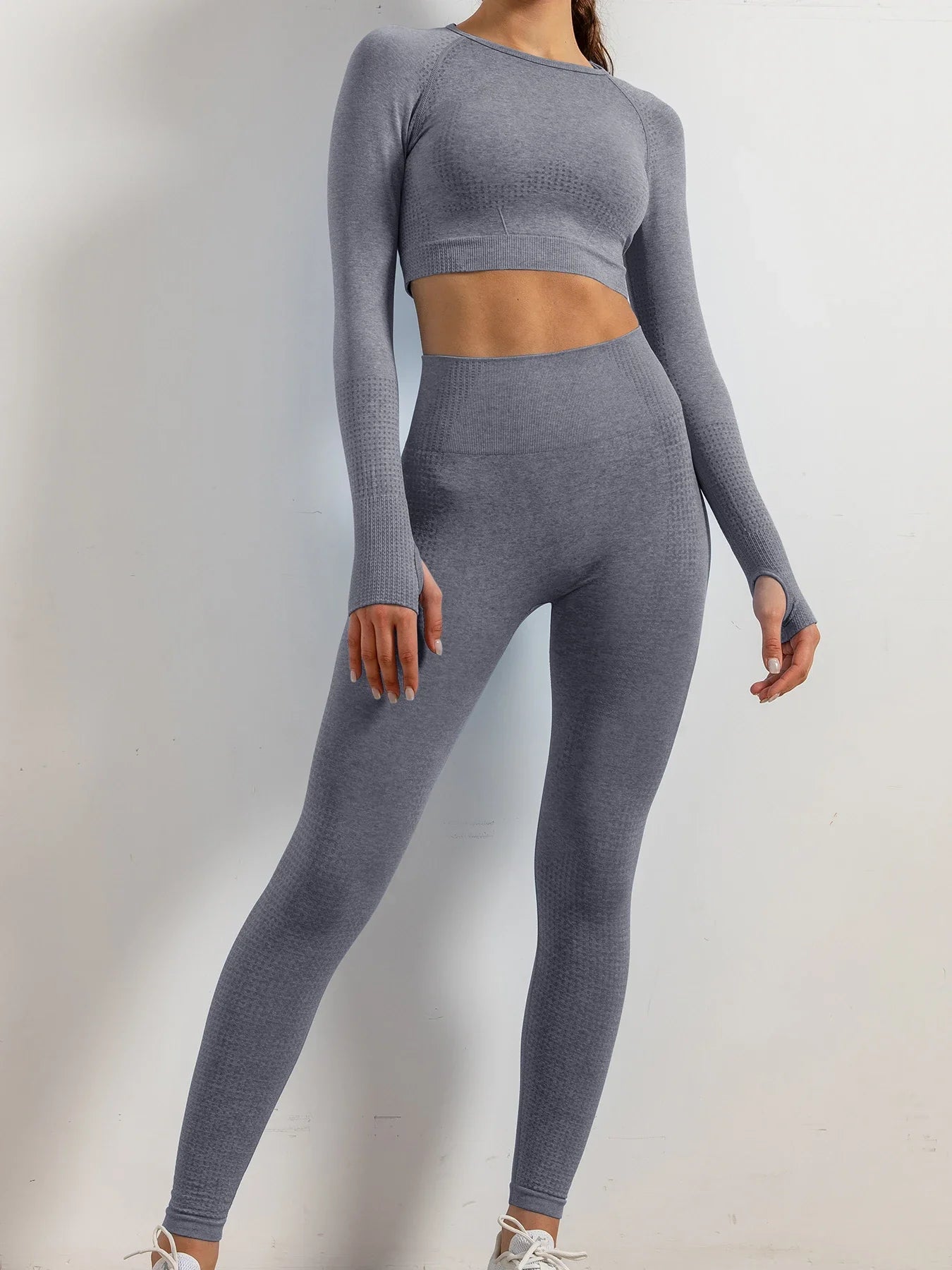 Set of 2 Women's Seamless Yoga Suit with Thumb Holes Long Sleeve Tops Gym Wear Fitness Workout Yoga Wear Leggings Long Pants Silver