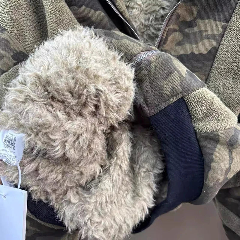 Winter Fashion Camouflage Patchwork Rivet Design Thickened Lamb Wool Coat Skirt Two-pieces Set For Women 11A07538