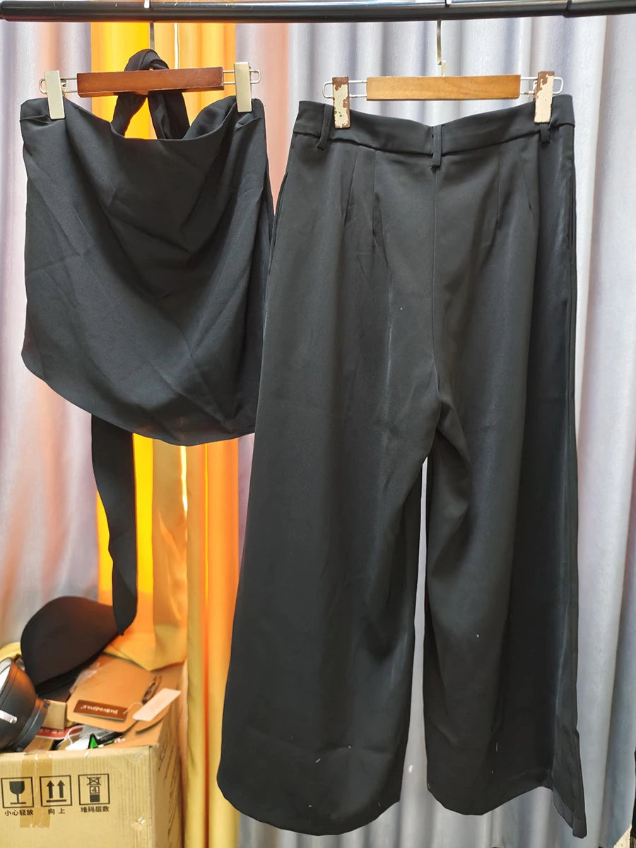 Solid Loose Two Piece Sets for Women Halter Neck Sleeveless Irregular Top High Waist Wide Leg Pants Set Female New