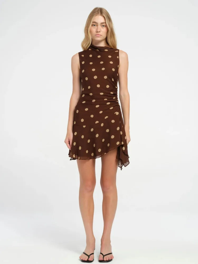 Sleeveless Polka Dot Dress For Woman Fashion Brown Print Mesh O Neck Ruched Mini Dress Elegant Irregular Dresses Coffee