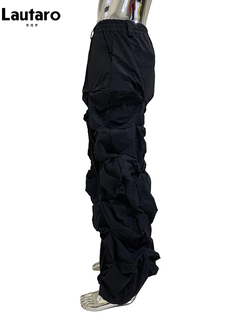 Lautaro Autumn Long Black Waterproof Stacked Pants for Mens with High Elastic Waist Luxury Designer European Fashion Clothing