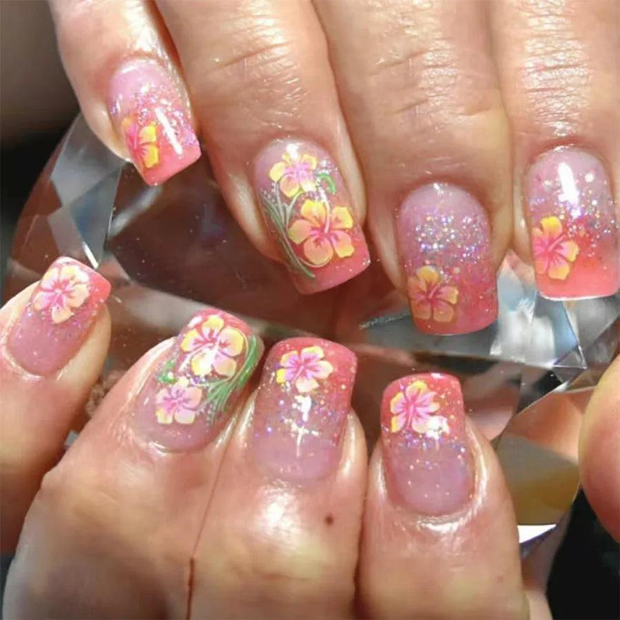 24Pcs Colorful French Press on Fake Nails with Glue Short Square Nail Art Tips Flower Design Wearable Full Cover False Nails 839