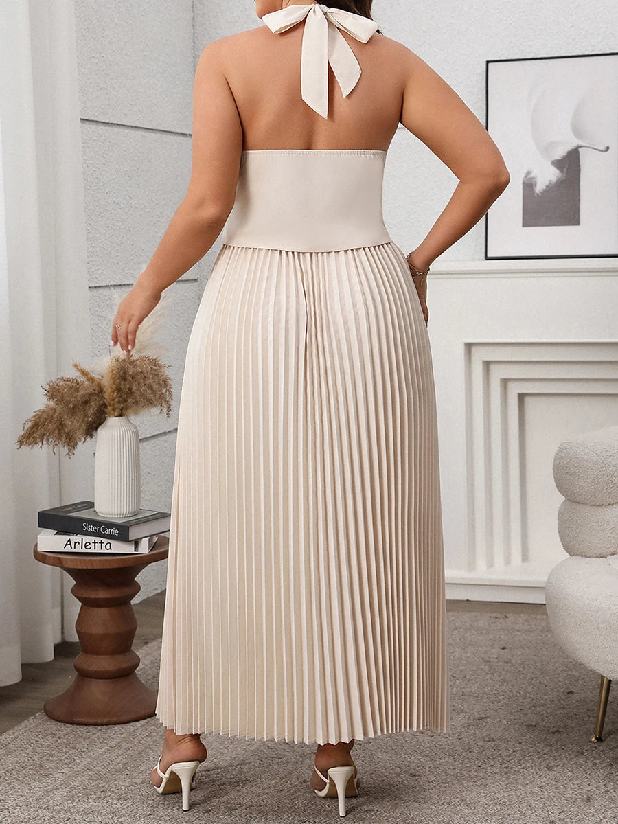 Women's Summer 4XL Plus Size Outfits Fashion Summer Solid Color V-Neck Button Halter Vest and Pleated Skirt Set for Streetwear