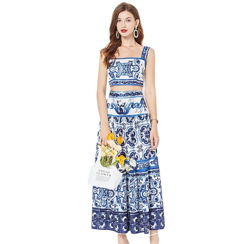 Summer Floral Dress Sets Women 2 Piece Outfit Sexy Slim Tops and Skirt Party Set 2024 Suspender Strap Suit Ballgown Frocks