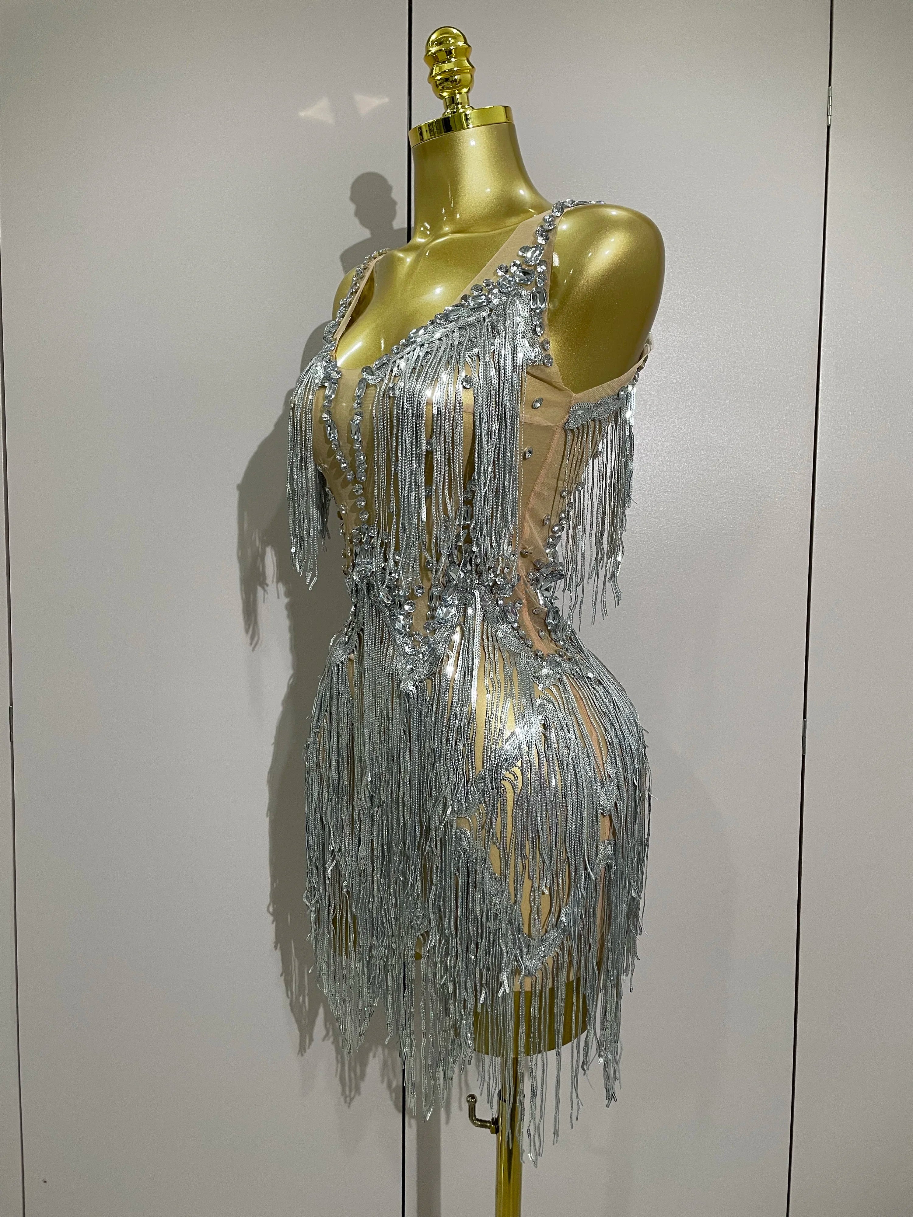 Sparkly Rhinestone Tassels Sexy Mesh Mini Dress 2025 Women Evening Birthday Party Dresses Nightclub Performance Stage Costume