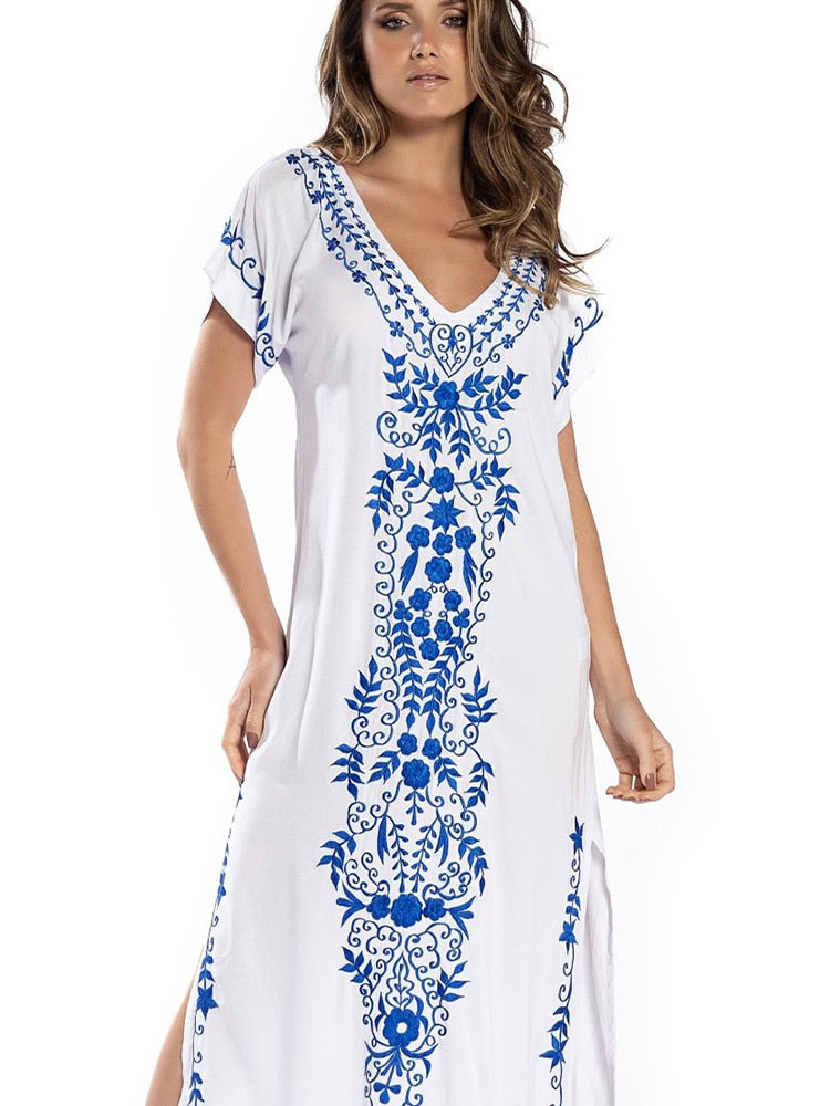 Robe De Plage Embroidery Beach Cover Up Sarong Women Beach Pareo Tunic For Beach Swimwear