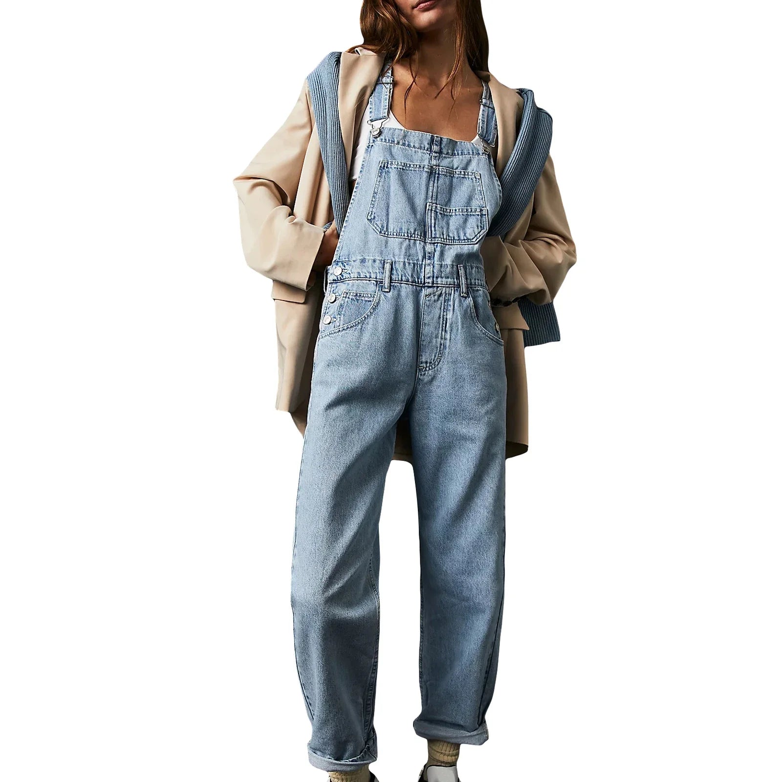 Women Vintage Retro Denim Long Jumpsuit Casual Spaghetti Strap Straight Romper Suspender Pants Summer Baggy Bib Loose Overalls Light Blue